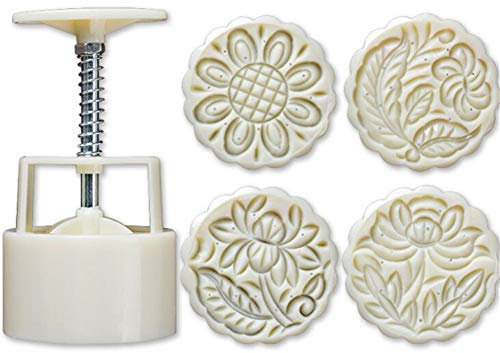 5pcs/Set Round Mooncake Mold, Hand Pressure Maker Mould+ 4 Flower Stamps Mode Plunger Kit, Plastic Cookies Cutter, Moon Cake Mould, Baking Pastry Decor Tool, Kitchen DIY Bakeware (125g Flower)