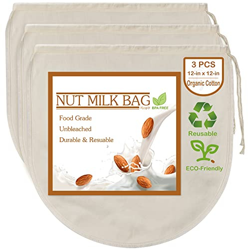 3 sacchetti per latte di noci da 30,5 x 30,5 cm, 100% cotone non sbiancato, colino riutilizzabile per scolare latte di mandorle/avena, succo di sedano, caffè freddo, yogurt e produzione di formaggio
