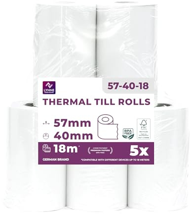 Ec-Cash termopappersrullar 57 mm x 18 m x 12 mm – kassarullar – termopapper – kvittorullar för bankomat – kreditkortläsare (57 x 40 x 12) (5 rullar)