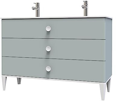 ONDÉE, Mobile da appoggio collezione NEMOO, Piano in Ceramica Doppio Lavabo, 3 Cassetti con Chiusura Progressiva, Maniglie Rotonde Bianche, Consegna in Kit, Larghezza 120Cm, Laccato Opaco Verde Acqua