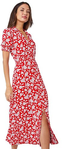 Roman Originals Women Shirred Waist Dress Ladies Spring Everyday Summer Holiday V-Neckline Comfy 3/4 Sleeve Soft Tassle Detail Frock Vacation Gowns Chiffon Maxi Midi Wrap - Red & White - Size 20