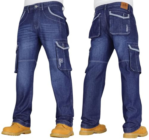 Crosshatch Mens Cargo Jeans Multi Pocket Denim Dark Wash 34W Regular Leg