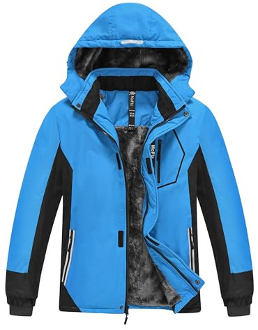 MoFiz Giacca da Sci Bambini Invernale Cappotto in Pile Caldo da Neve Impermeabile Antivento Giacche Ragazzi con Cappuccio Rimovibile Blu/Nero L(13-16 anni)