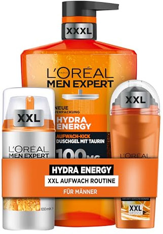 L'Oréal Men Expert Aufwach-Kick Pflegeset für Männer, Mit XXXL Duschgel, XXL Gesichtscreme und XXL Deoroller, Set für Herren mit Taurin, Vitamin C und Keramik, Hydra Energy, 3-teilig