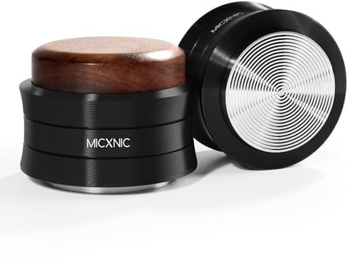 MICXNIC Palm Tamper 54mm, Federbelastet Kaffee Tamper für Sage Breville Barista Express 54mm Siebträger, Self Leveling Espresso Tamper mit 304 Edelstahl Wellenlänge Basis, Walnuss und Schwarz