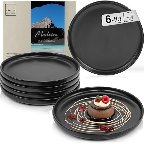 SÄNGER Madeira | Dessertteller 6 teilig, Steingut Teller Set 6 Personen, Kuchenteller kleine Teller spülmaschinenfest mikrowellenfest multifunktional, Steingut Geschirr schwarz matt | VALUE COLLECTION