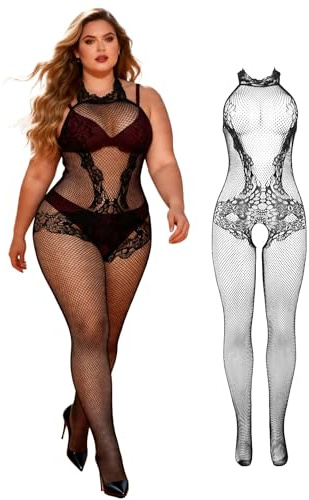 ohyeahlady Women's Plus Size Fishnet Chemise Bobystocking Sexy Hollow Out Stretchy Tights Sheer Lace Bodysuit Lingerie Halter Babydoll Nightwear Box Package,Black Size L-2XL