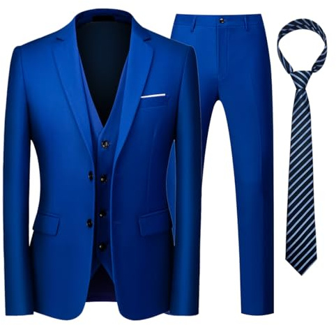 KUDORO Traje de esmoquin de 3 piezas para hombre, ajuste delgado, botonadura simple, dos botones, traje de esmoquin para boda, chaqueta, chaleco, pantalones con corbata, Azul Joya, XS