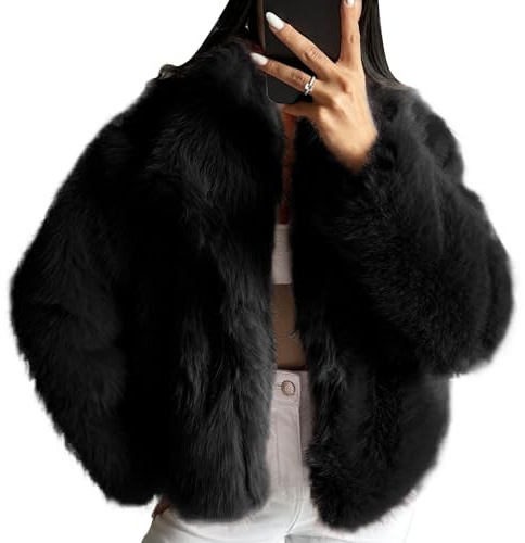 COZYPOIN Womens Faux Fur Jacket Fluffy Fur Coat Cropped Long Sleeve Lapel Button Down Fuzzy Winter Outerwear