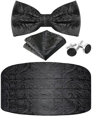 JUNMEISI Paisley Cummerbund and Bow Tie Set Adjustable Formal Men's Black Cumberbund Tuxedo Bowtie Cufflinks Set & Pocket Squares