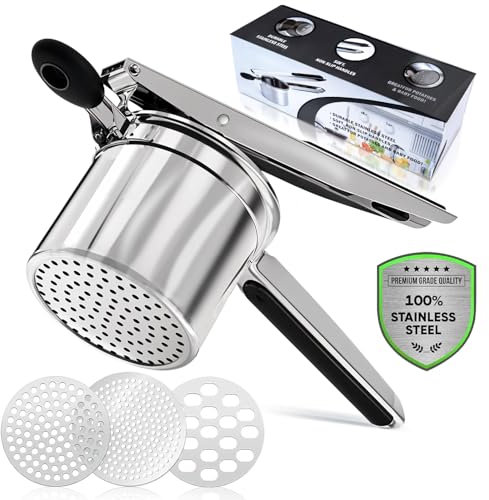 Spätzle Schiacciapatate, 470 ml, in acciaio inox di qualità alimentare, con 3 dischi intercambiabili, per purè di patate, purea, frutta, verdura, alimenti per bambini