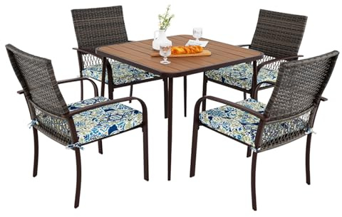 LIFEZEAL Conjunto de Muebles de poliratán, Mesa Centro de jardín con 4 sillas, Juego de Muebles de Comedor Exterior con Cojines y Orificio para sombrilla, para terraza, balcón, Zona de Piscina