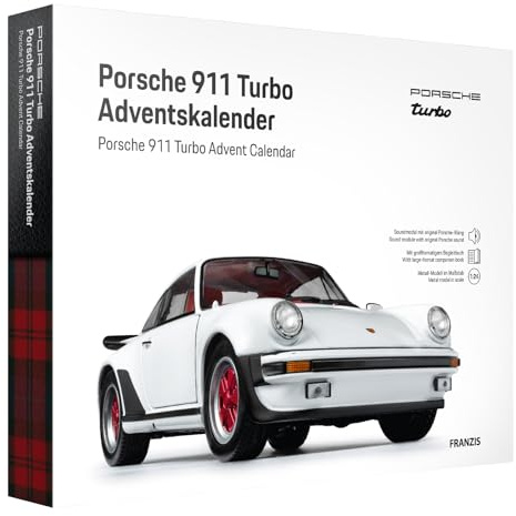 FRANZIS 67322 - Porsche 911 Turbo Adventskalender - Modellbausatz im Maßstab 1:24, inkl. Soundbasis und 52-seitigem Begleitbuch