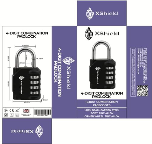 XShield 4-Digit Combination Padlock | Heavy-Duty Keyless Lock with 10,000 Code Options | Weather-Resistant Alloy Body | Ideal for Lockers, Gates, Gym, Outdoor & Travel – Black (Pack of 1)