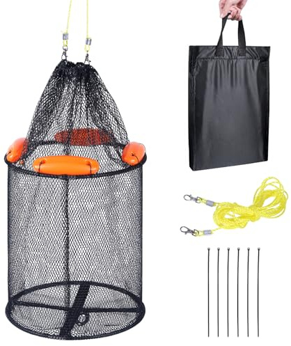 Stor hopfällbar flytande fiskekorg för levande fångad fisk, hopfällbar gummibelagd fisknät, bärbar kajakbur med bete och 5 m dubbelkrok, nylonrep och 6 buntband (33 x 33 x 38 cm)
