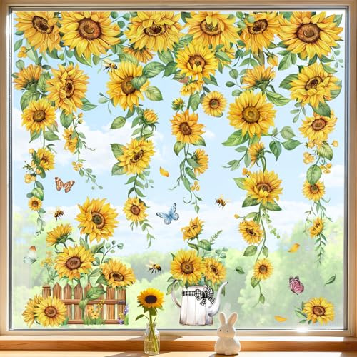 decalmile Adesivi per Finestra Fiori Girasole Primavera Estate Decalcomanie per Finestre Fiori e Farfalla Piante Verdi Non Adesiva Adesivi Anti-Collisione Finestra Vetro Porte Cucina