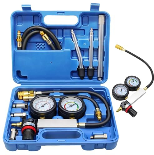 Testeur de compression à essence avec tige d'extension, 0-100 PSI | 0-7 bar, double manomètre, kit d'outils de détection de fuite pour test de pression et test de taux de fuite pour voiture, camion