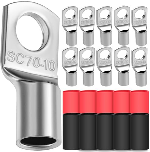 10x Cable Lugs 70mm² M10 Thickened Copper Uninsulated SC Crimp Lugs Battery Cable Ends Lugs Battery Terminals with 10 Heat-shrink Tubing 3: 1