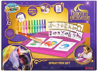 Unicorn Academy Spray Pen Set Deluxe | Blåspennset med 12 Blopens-pennor och 16 schabloner | Kreativ färgläggning för barn | Pyssel- och hobbypaket | Presentidé för flickor och pojkar