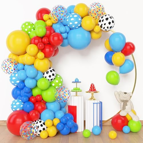 BlueCloudy Kit arco guirnalda globos azul rojo amarillo, diferentes tamaños 30 25 12 cm, globos látex patrón vaca nube rojo verde confeti, para decoraciones cumpleaños temáticos