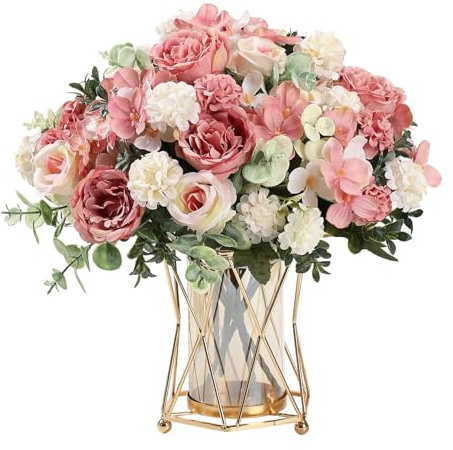 Ramo de flores artificiales artificiales como auténticas, 2 paquetes de rosas artificiales, ramo de rosas artificiales, flores rosas para bodas, fiestas, hogar, cocina, decoración (2 unidades)