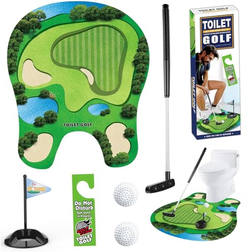 KMFASVX Juego de Golf para Inodoro,Juego De Golf para El Baño Palo de Golf, Tapete para Putting,2 Pelotas de Golf y Colgador para Puerta,Regalo de Golf para Inodoro