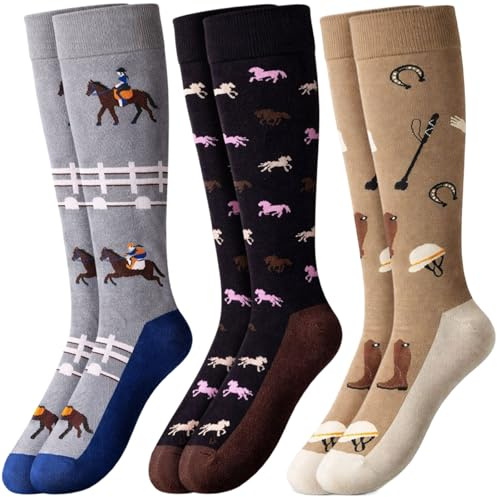MUNSKT 3 Pairs Horse Riding Socks, Funny Equestrian Knee High Socks, Horse Gifts for Women Ladies