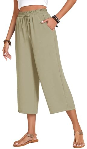 Summer Trousers For Women UK Wide Leg Linen Trousers Elasticated Waist Lightweight Cotton Linen Capri Pants With Pockets 3/4 Length Cropped Pants Palazzo Cotton Culottes Holiday Beach Clothes