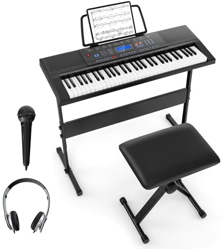 GYMAX 61 Key Digital Piano and Stool, Portable Electronic Keyboard with Adjustable Stand, Music Stand, Microphone & Headphone, Beginners Keyboard Piano Set for Kids Adults (Ordinary)