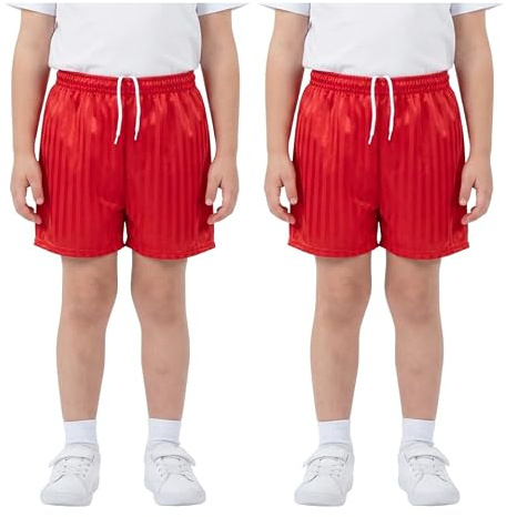 Pack of 2 Unisex PE Shorts Kids Boys Girls Adults School Sports Shadow Stripe Elasticated Waist Drawstring Gym Football Games Uniform Shorts Made in UK Red 4-5 Years