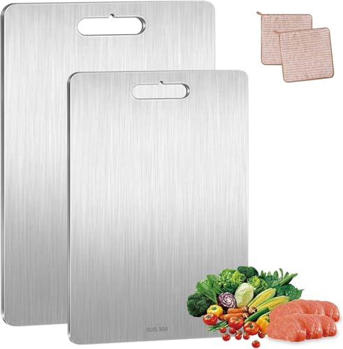 JOTOL 2 Pezzi Tagliere da Cucina in 304 Doppio Lato Acciaio Inox Professionale - Multifunzione Resistente Antibatterico Senza BPA Facile da pulire per Carne, Frutta, Verdura(34x23cm + 25x15cm)