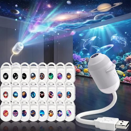 LMIX Galaxyprojektor nattlampa, 2-i-1 holografisk stjärnprojektor 5d projektor plug and play hd stjärnsmart dynamisk takprojektor 360° rymd stjärnklar himmel USB-projektion (med 24 filmer)