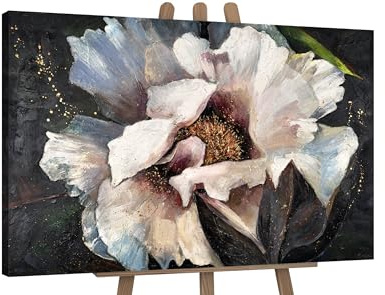 YS-Art Pittura acrilica su tela Pfingstrosen II Quadri letto fiori grandi verde scuro con oro 120x80 cm