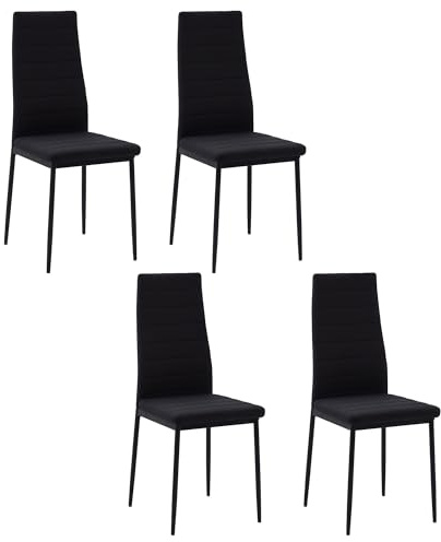 HOMCOM Pack de 4 Sillas de Comedor Modernas, Sillas de Cocina Tapizadas en Lino Sintético con Respaldo Alto y Patas de Metal, para Salón, Negro