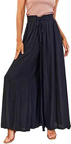 aromm Palazzo Femme Jambe Large Pantalons Taille Élastiquée Casual Longue Pantalon Noir,M