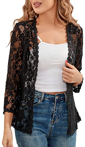 BENANCY Women's 3/4 Sleeve Bolero Shrugs Crochet Lace Open Cardigan Black XXL