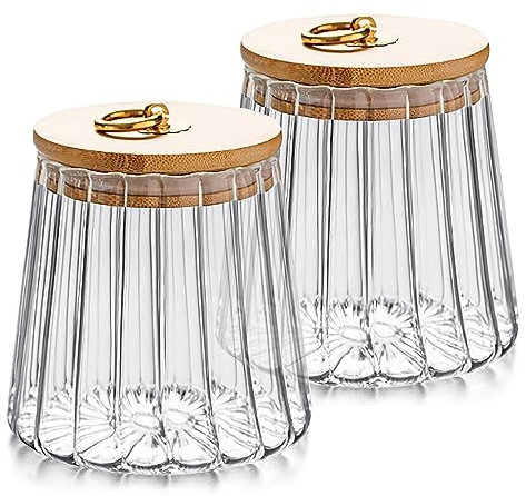 Ulable Lot de 2 bocaux de rangement hermétiques en verre pour thé, café, sucre - Boîtes de rangement de cuisine avec couvercle en bambou et poignée en métal - 650 ml (2 coniques)