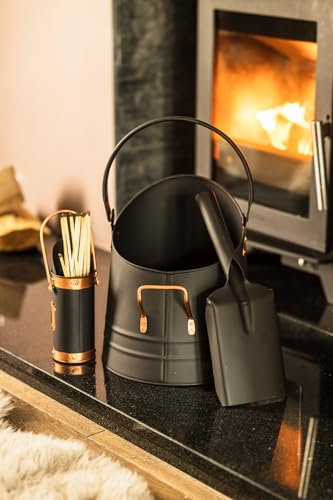 Marco Paul - Cubo de Carbón Resistente para Chimenea con Pala y Caja de Almacenamiento de Fósforos, Accesorios para Quemador de Leña, Contenedor de Ceniza