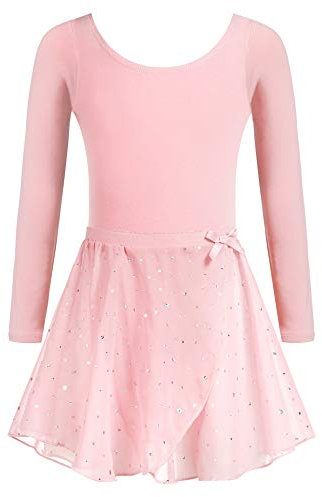 Arshiner Ballettkleidung Mädchen Baumwolle Ballettkleid Balletttrikot Kinder Langarm Tanzkleid Tanzbody mit Chiffon Rock Tütü Rosa 140