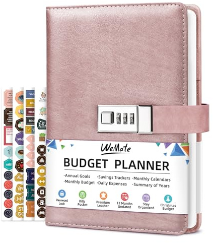 WEMATE budgetplanerare 2026 med lås, månatlig budgetbok med anteckningsbok för utgiftsspårare, odaterad ekonomisk planerare för att hantera dina pengar, A5-läderkonto och budgetbok, roséguld