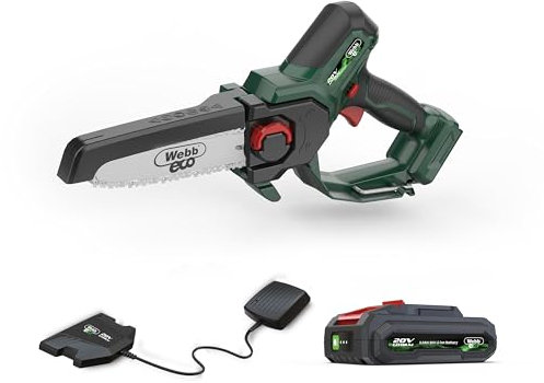 Webb Eco 20V Cordless 15cm/6inch Pruning Saw - 4.9m/s, 3/8 Chain Pitch, Easy Adjustment System, Lightweight Design, 3 Year Warranty, 2Ah Battery & Charger Included