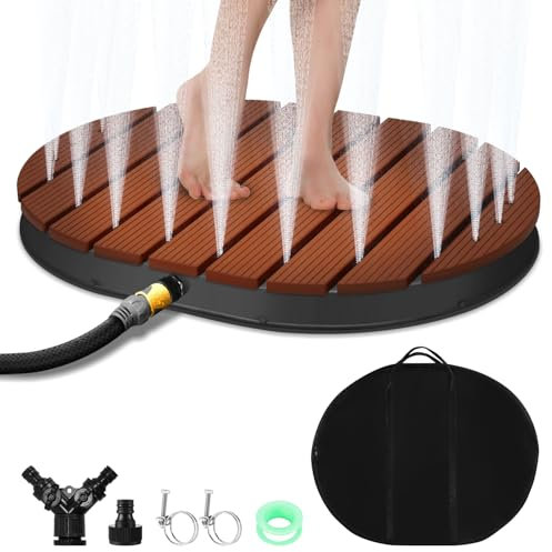 Daromigo Douche de Sol avec 22 Buses en cuivre, Douche extérieure en WPC, avec Roue de Pied réglable jusqu'à 4 m de Hauteur, antidérapante, résistante aux intempéries