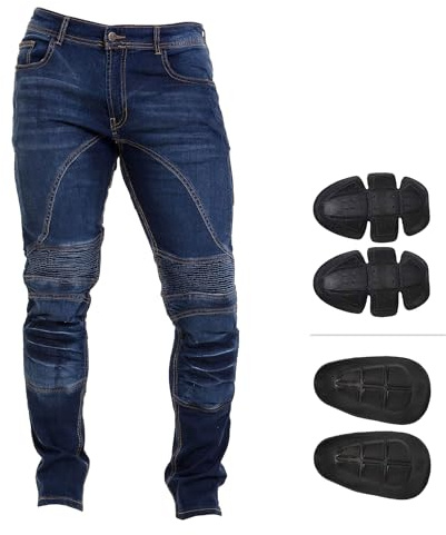 Juicy Trendz motorcykeljeans för män – motorcykelbyxor, stretchjeans i denim med avtagbara dynor, knä- och höftskydd, säkerhetsjeans för män, Mellanblå, 40W x 34L