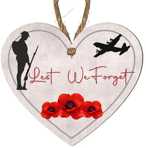 Handmade Wooden Heart Plaque - Lest We Forget - Personalised Memorial Hanging Decoration with Twine String - Ideal Remembrance Day Tribute (Design 1)