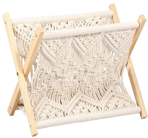 Support de rangement pour magazines et journaux, style nordique, en corde de coton tissée, pliable, style bohème, avec tissage en bois massif, pour journaux, bulletins d'information, livre, 33 x 18 x