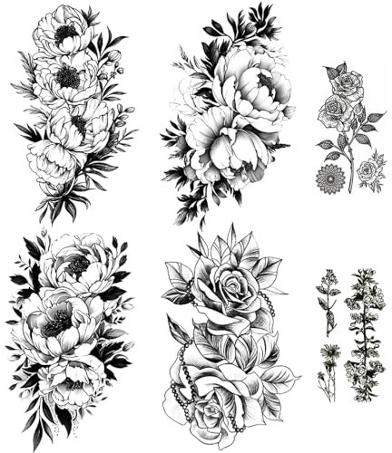 Yesallwas 6 Foglie di Fiori Tatuaggio Temporaneo per Le Donne Nere Manicotti Tatuaggio Temporaneo Trasferimento Acqua Etichetta Tatuaggio Peonia Rosa Tatuaggio Ragazza Sexy Braccio Tatuaggio Body Art