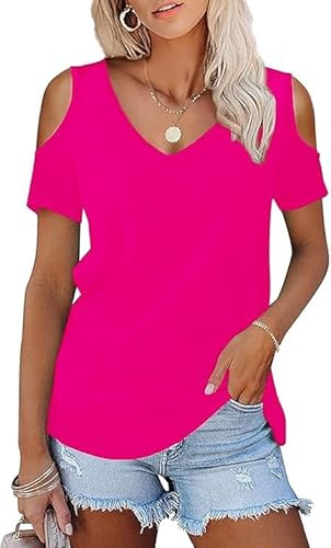 Top Femme Chic et Élégant Coton col V 2026 Vêtements Haut Épaules Dénudées Décontractés à Manches Courtes D'été Tee Shirt