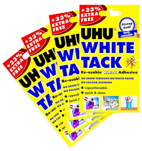 UHU White tack – klibbig, återanvändbar självhäftande spackel – 4 stycken
