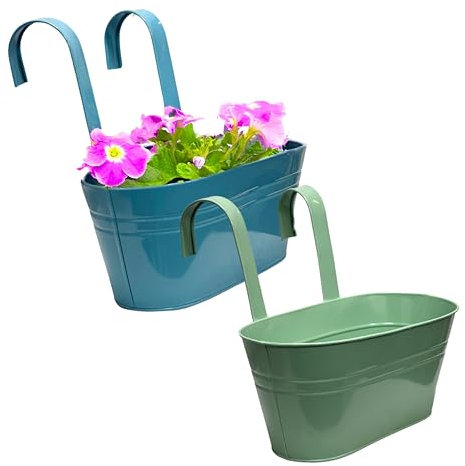 ADEPTNA Pack of 2 Hanging Metal Planters Flowerpots Handles Rust Resistant Weatherproof Balcony Fence Garden Home Decor Flowers Herbs Plants Suitable Balconies Railing Fences Window (BLUE AND GREEN)