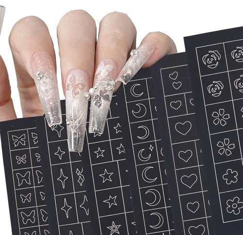 NICENEEDED 6 Feuilles Pochoirs Aérographe Autocollants pour Ongles Décoration de Manucure pour Ongles Creux de Conception Française pour Femmes